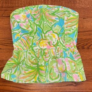 Strapless Tropical Print Peplum Top — Pink, Green, Blue, Yellow